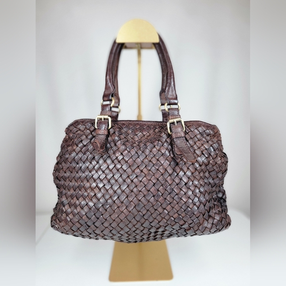 Marta Ponti Portugal Leather Fabric Woven Tote Shoulder Hand Satchel Bag Brown - Picture 11 of 11